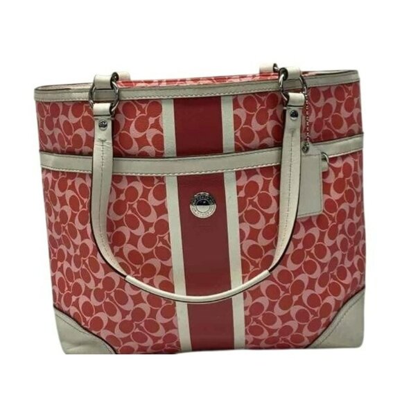 Coach Signature Stripe Red & Pink Canvas & Leather Tote Bag With Double Handles - Picture 1 of 5